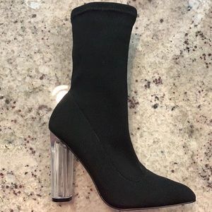 Black Knit Clear Heel Pull-On Booties